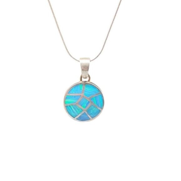 Sterling Silver Inlaid Blue Opal Pendant Necklace 16" Chain Signed ind0925 - Picture 15 of 16